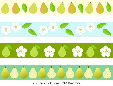 Four types of pear fruit, leaf, and flower border set