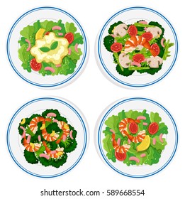 Four types of salad on round plate illustration