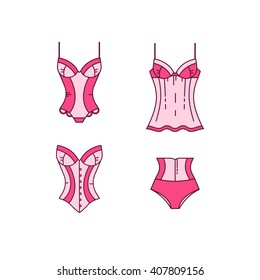 Four types of seductive lingerie. Slimming corset, corset panties and body. The combination of dress with bra or baby doll.