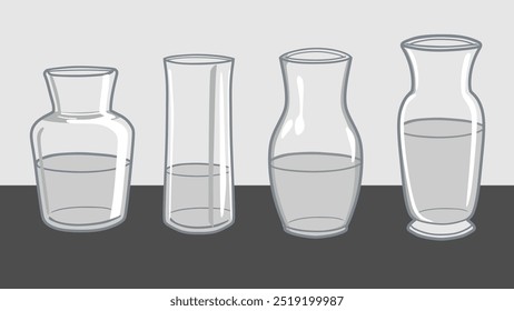 Four Types of Simple Glass Flower Vases Filled With Water in Different Shapes in Monochrome Background