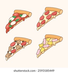 four types of sliced pizza with margherita hawaiian pepperoni and pepperoni mushroom pizza, vector illustration