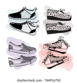Four types of sneakers and shoes. Graphic vector set. Every pair is isolated