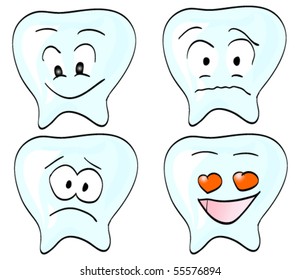 Four types of teeth with various emotions: love, fear, sadness, joy
