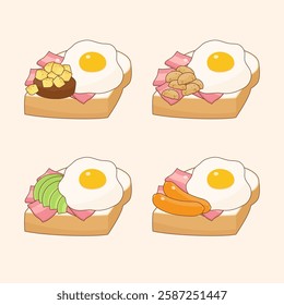 four types of toasts with savory flavor egg bacon sausage mushroom potato and avocado on top, vector illustration