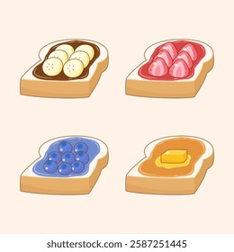 four types of toasts with sweet flavor butter strawberry blueberry and banana on top, vector illustration