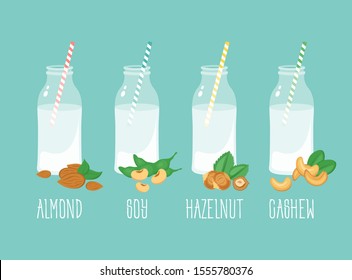 Four types of vegan milk. Almond, soy, hazelnut, cashew milk.