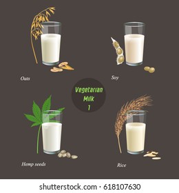 Four types of vegetarian milk part one / There are glasses with milk from oats, soy, hemp seed and rice
