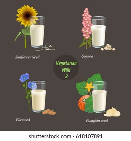 Four types of vegetarian milk part two / There are glasses with milk from sunflower seeds, quinoa, flax seed and pumpkin seed
