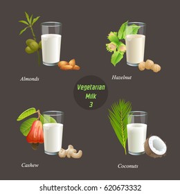 Four types of vegetarian milk part three / There are glasses with milk from almonds, hazelnut, cashew and coconut
