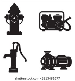 Four types of water supply and pumping equipment icons