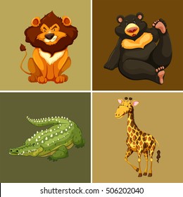 Four types of wild animals on brown background illustration