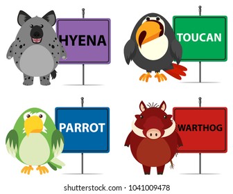 Four types of wild animals and signs illustration