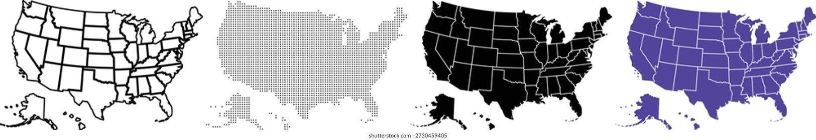 Four U S maps showing different states in black and purple