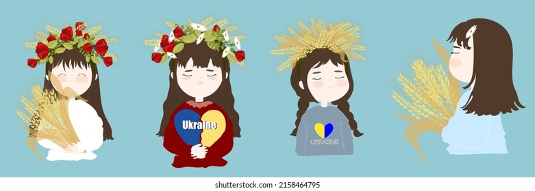 Four Ukrainian girls on a blue background. For banners and stickers.