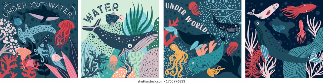 Four underwater marine biology posters or card designs with fish, sharks, whale, sea creatures and corals, colored vector illustration