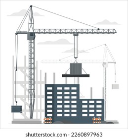 Cuatro siluetas de edificios sin terminar. Grúas industriales. Proceso de construcción. Grandes grúas con elementos especiales. Varias clases de casas. Ilustración de la construcción. Diseño de caricaturas. Vector