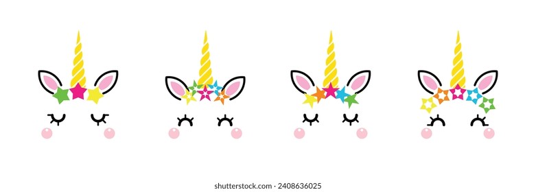 Four unicorn heads adorned with stars isolated on white background. Vector cartoon character illustration. Design for child card, t-shirt. girls, kid. 