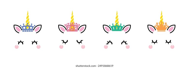 Four Unicorn queen. Magic pretty equine face with closed eyes with long eyelashes in joy. Happy mythical animal with crown flat style concept isolated on white background. Vector illustration.