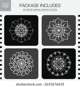 Quatro exclusivos, belamente detalhados desenhos mandala em um fundo preto, perfeito para adicionar um toque de tranquilidade aos seus projetos. Ótimo para arte de meditação.