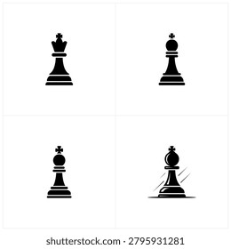 Four unique black chess king pieces displayed in a grid layout showcasing various designs and artistic interpretations of this classic game piece
