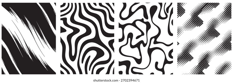 Cuatro patrones inconsútiles Abstractas blancos y negros únicos para los Diseños modernos y los fondos artísticos