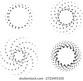 Four unique black and white abstract circular elements are displayed, composed entirely of scattered black dots forming varied dotted rings and vortex shapes. These graphic representations showcase different densities and rotational effects ideal for conceptual design use.