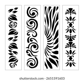 Four Unique Black And White Decorative Vector Border Designs Collection Featuring Floral And Abstract Elements