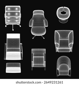Four unique chairs arranged symmetrically on a black background, each with distinct shapes and sizes. Light to dark color variations, some featuring curved backrests and armrests.