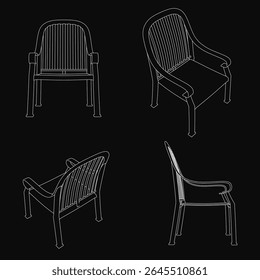 Quatro cadeiras exclusivas em um desenho de linha com contornos limpos, cada uma com linhas curvas distintas e encostos. O fundo preto cria forte contraste, enfatizando as elegantes silhuetas.