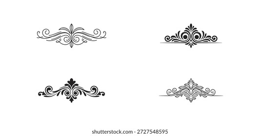 Quatro ornamentos vetoriais decorativos exclusivos com redemoinhos elegantes e padrões florais simétricos para artigos de papelaria.