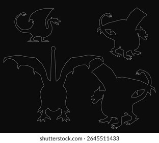 Four unique dragon silhouettes arranged symmetrically, with the largest in the center and smaller ones on each side. The black-and-white drawing features intricate details on each mythical creature,.