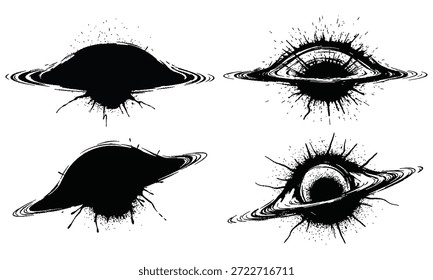 Four unique eye illustrations with creative makeup designs and bold eyelashes, perfect for beauty and fashion concepts