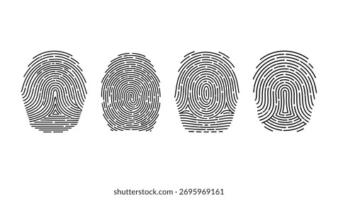 Four unique fingerprint patterns showcasing identity and personal identification security vector