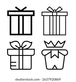 Four unique gift box line icons set for holiday design. set of black gift boxes. gift box icon