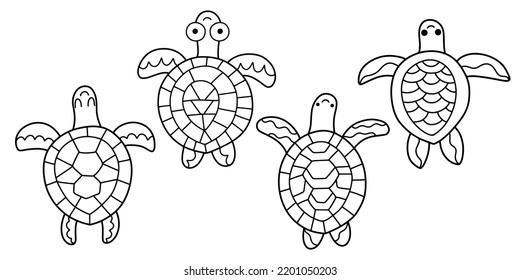 Four unique hand-drawn turtles linear vector illustration