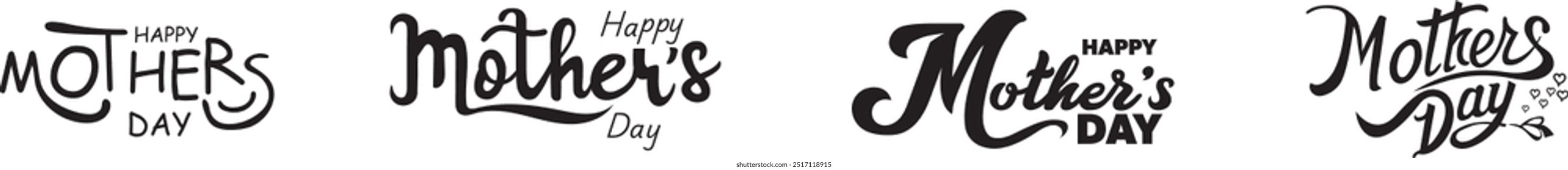 Four unique Happy Mothers Day text designs perfect for greeting cards, social media posts, banners, and gift tags for moms.