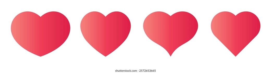 Four unique heart shapes are presented in a gradient red color. Each heart varies slightly in style, showcasing diverse designs perfect for love-themed projects or decorations.