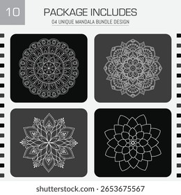 Four unique, intricate mandala designs in vector format, perfect for crafting and digital projects. Includes line art on grey for easy use.