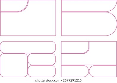 Four unique layout designs for website development, showcasing content arrangement possibilities. Ideal for mockups and wireframes, and web page structure planning.
