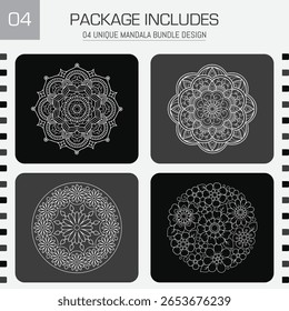 Four unique mandala designs, intricately drawn in white lines against a dark background, offering a serene and artistic set. Perfect for coloring or laser cutting.