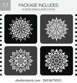 Four unique mandala designs showcased in a visually balanced black and white palette, ideal for adding intricate detail to creative projects.