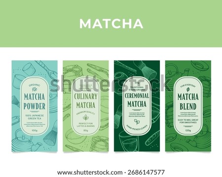 Four unique matcha product labels are displayed in an engaging vector format. Each label highlights different matcha types, showcasing their uses and packaging details that appeal to tea enthusiasts.
