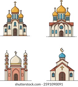 Four unique religious structures featuring domes and crosses, showcasing diverse architectural styles in a vibrant, minimalist vector illustration.