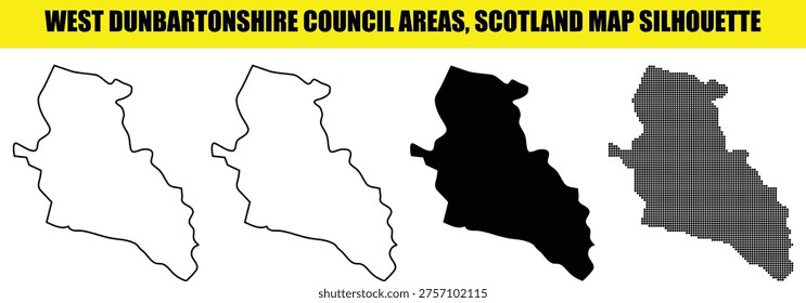 Four unique representations of west dunbartonshire council map of scotland with white solid, black outline, black solid, and black dotted patterns on transparent background