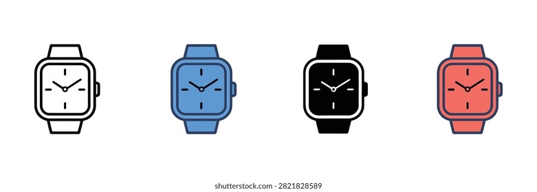 Four unique square smartwatch icons displaying sleek minimalist designs in various colors including black outline blue filled solid black and vibrant red styles isolated on clean white studio background surfaces.