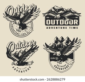 Four unique vintage-styled designs showcasing eagles mountains and outdoor adventure themes. Each design emphasizes the spirit of exploration and nature's beauty through distinct illustrations.