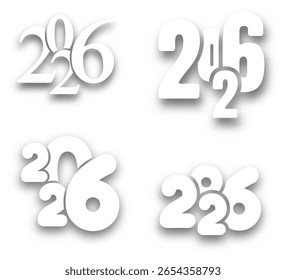 Four unique white 2026 number styles with subtle shadows and overlapping elements on white.