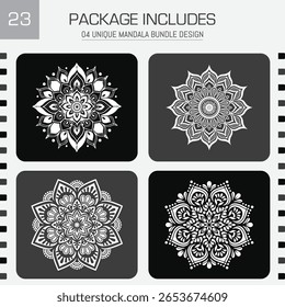 Four unique white mandala designs displayed on a grey background. Intricate and elegant. Perfect for design projects. Vector graphics.