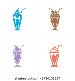Four uniquely colored ice cream sundae icons presented in a clean, geometric style.