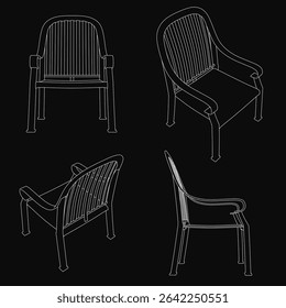 Four uniquely designed chairs sketched with clean contours stand out against a stark black background. Each chair features distinct shapes and detailed outlines, emphasizing their individual styles.
